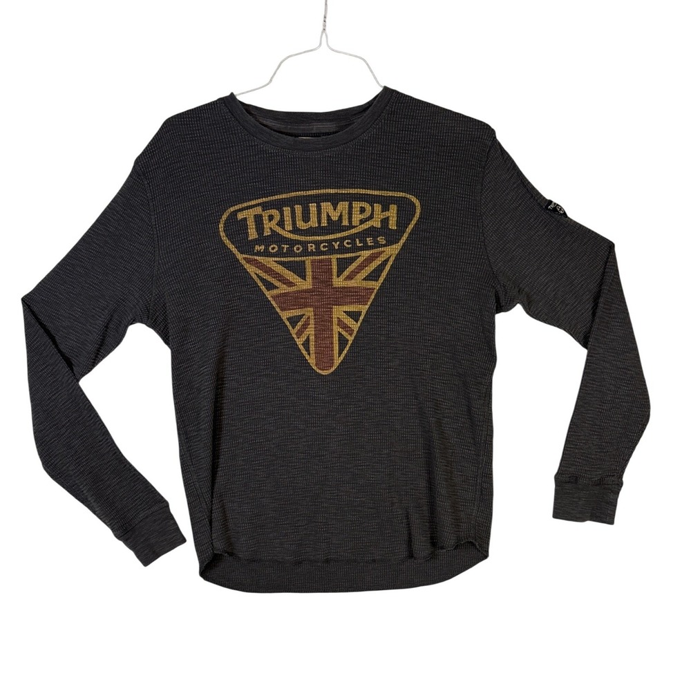 Lucky Brand Triumph Motorcycles Waffle Knit Thermal Shirt Gray Union Jack Large